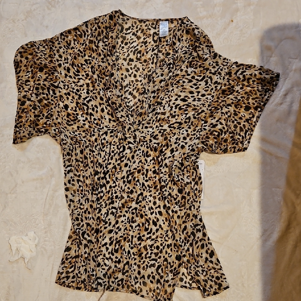Time and Tru Brown Cream Wrap Asymmetrical Swim Coverup